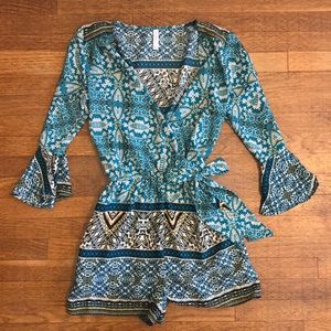 Floral Romper Blue Green, 3/4 Sleeve, V-Neck